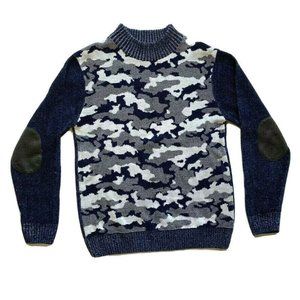 Royal Prestige Camo Sweater Mens Medium M Velour Elbow Patch Chunky‎ Knit Rayon